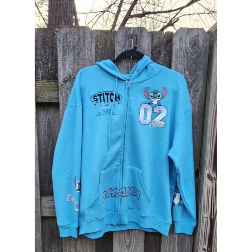 Disney Stitch Hoodie Womens Size XL Light Blue Full Zip Embroidered Patch